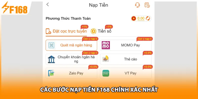 Các bước nạp tiền F168 chính xác nhất